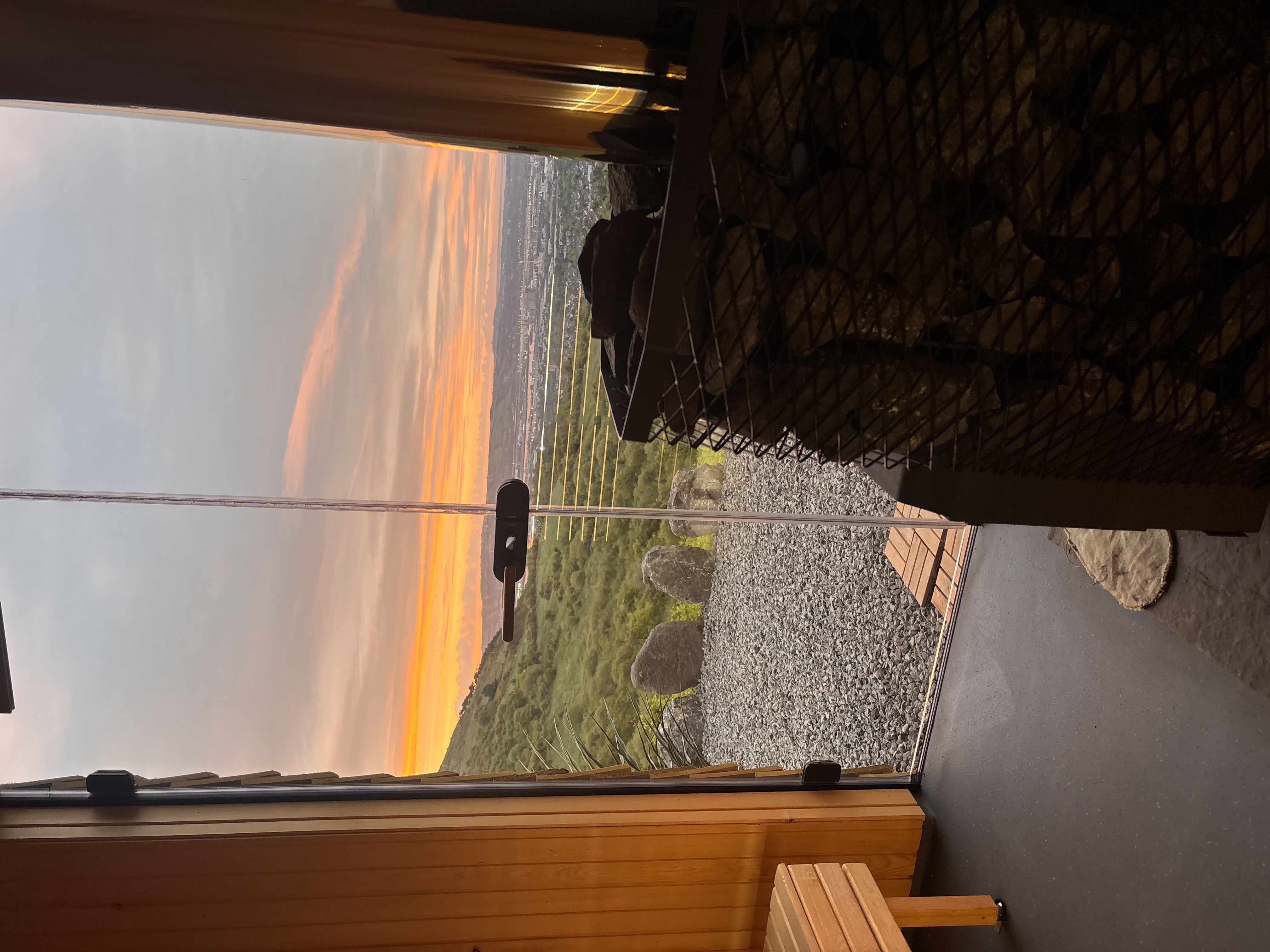Inside the sauna, looking out over Belfast